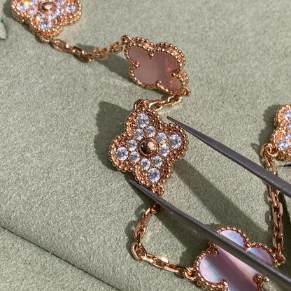 [Royal Jewellery]CLOVER 10 MOTIFS DIAMOND PINK MOP NECKLACE