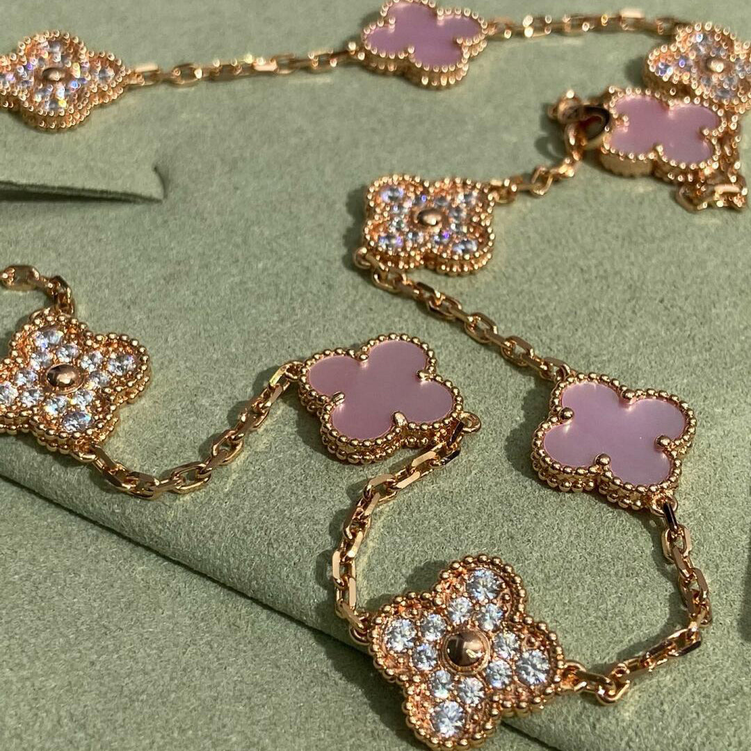 [Royal Jewellery]CLOVER 10 MOTIFS DIAMOND PINK MOP NECKLACE