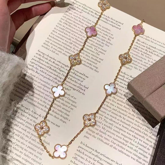 [Royal Jewellery]CLOVER 20 MOTIFS DIAMOND PINK MOP NECKLACE