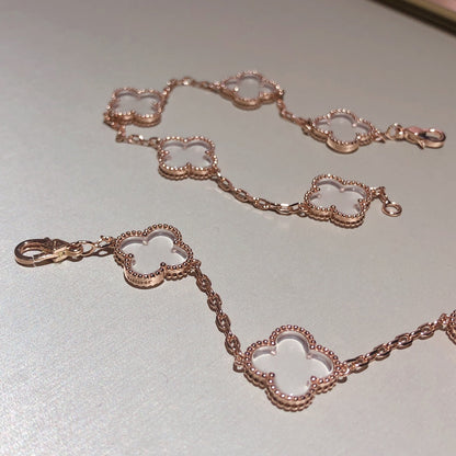 [ROYAL]CLOVER 5 MOTIF ROCK CRYSTAL PINK GOLD BRACELET