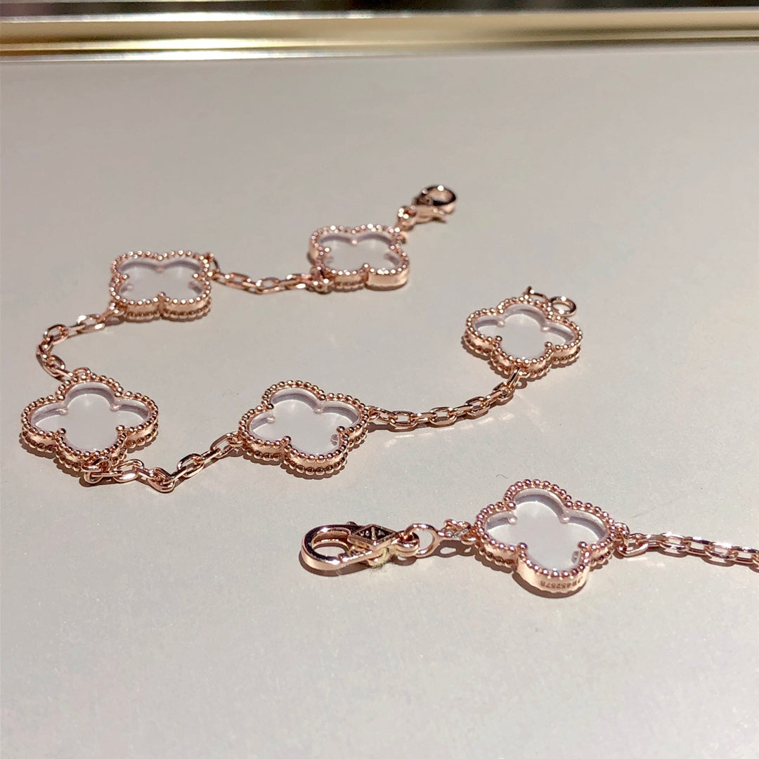 [Royal Jewellery]CLOVER 5 MOTIF ROCK CRYSTAL PINK GOLD BRACELET