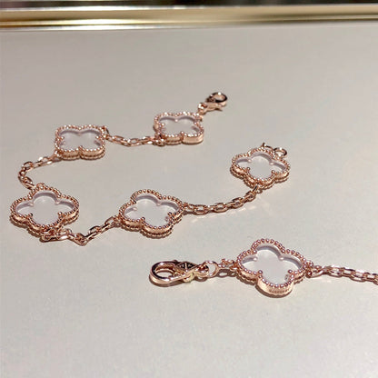 [Royal Jewellery]CLOVER 5 MOTIF ROCK CRYSTAL PINK GOLD BRACELET