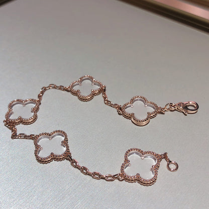 [Royal Jewellery]CLOVER 5 MOTIF ROCK CRYSTAL PINK GOLD BRACELET