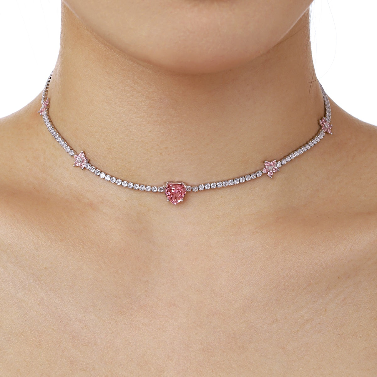 [Royal Jewellery]Dazzling Pink Heart Flower Necklace