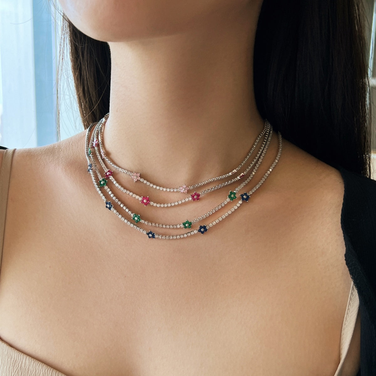 [Royal Jewellery]Luxurious Colorful Flower Tennis Necklace