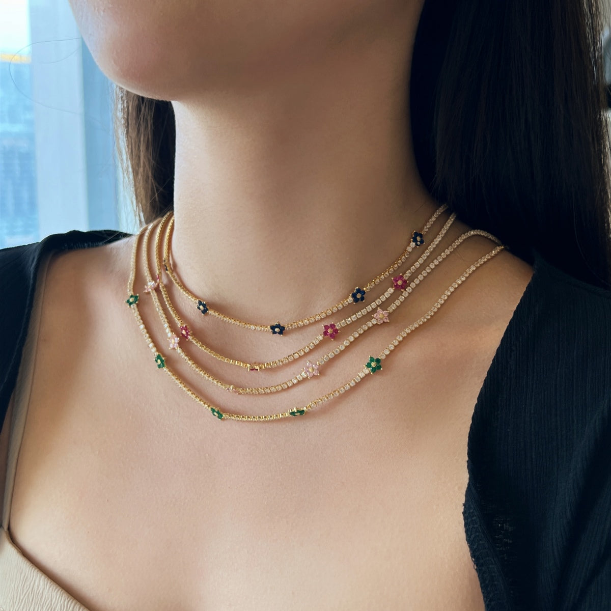 [Royal Jewellery]Luxurious Colorful Flower Tennis Necklace