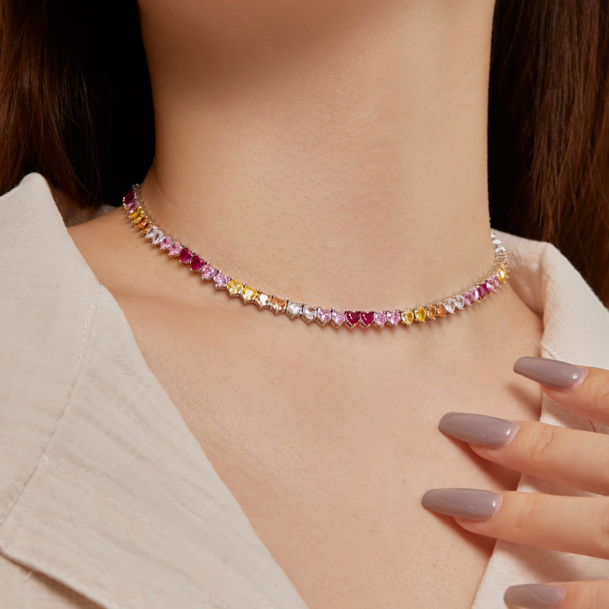 [Royal Jewellery]Sparkling Colorful Full Heart Tennis Necklace