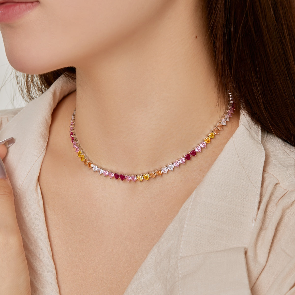 [Royal Jewellery]Sparkling Colorful Full Heart Tennis Necklace