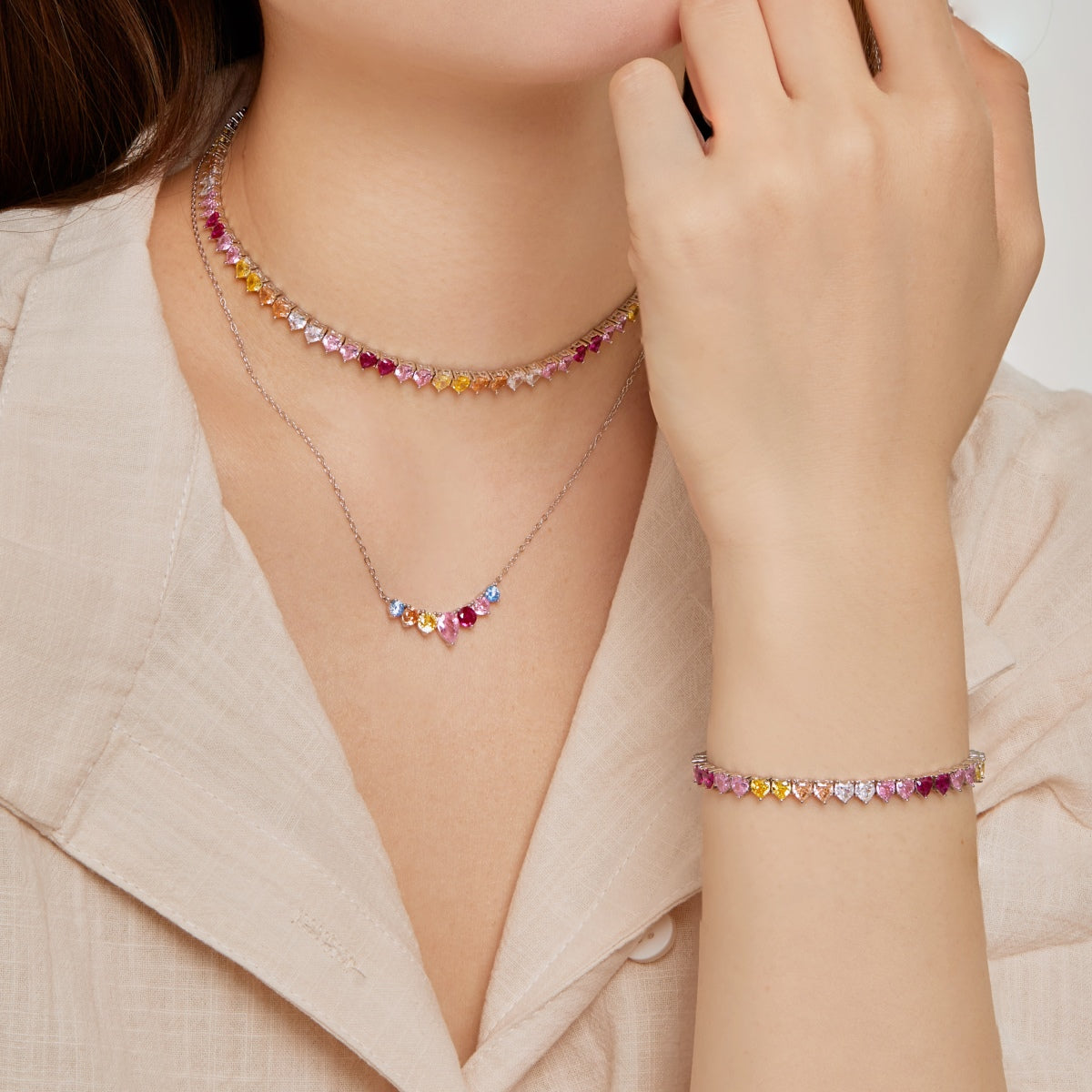 [Royal Jewellery]Sparkling Colorful Full Heart Tennis Necklace