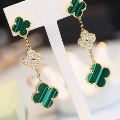 [Royal]CLOVER EARRINGS GOLD MALACHITE DIAMOND 3 MOTIF