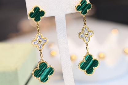 [Royal]CLOVER EARRINGS GOLD MALACHITE DIAMOND 3 MOTIF