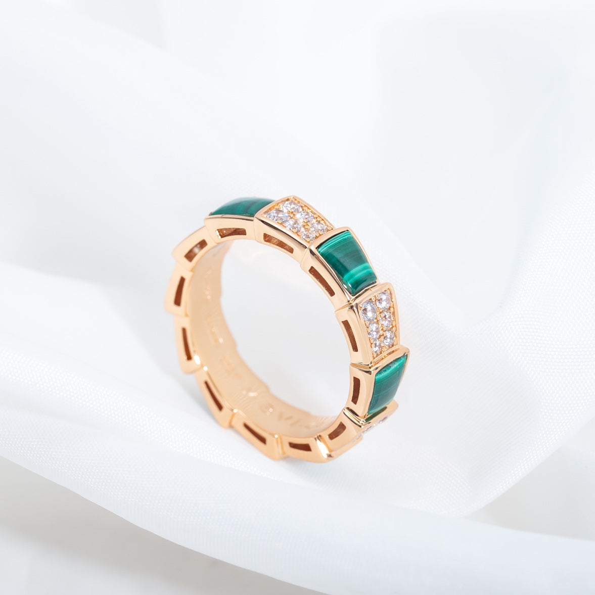 [ROYAL]SERPENTI RING PINK GOLD MALACHITE DIAMOND PAVED 4MM