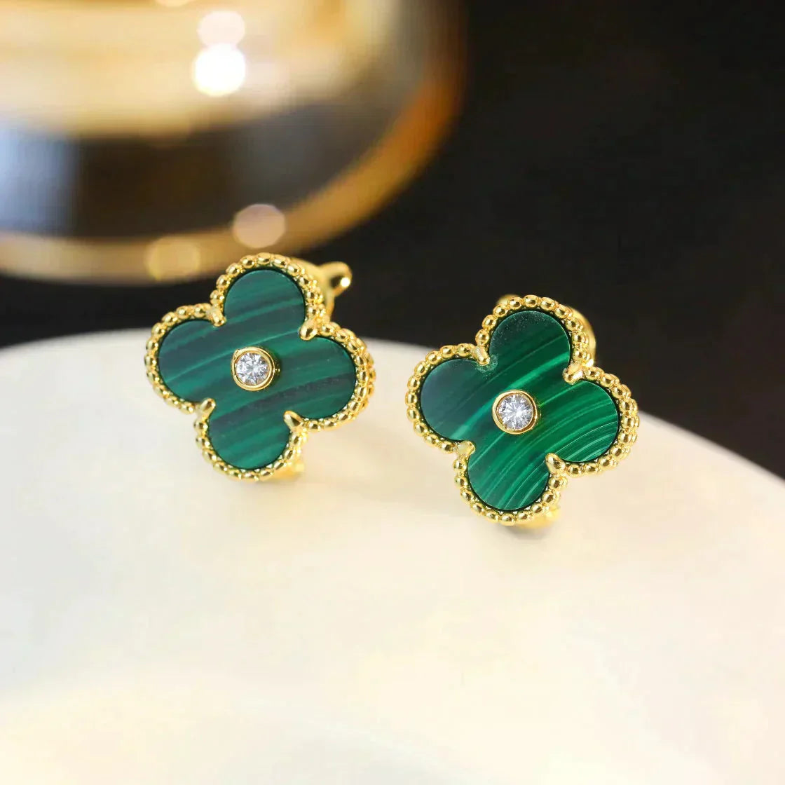 [ROYAL]CLOVER MEDIUM 1 MOTIFS MALACHITE DIAMOND EARRINGS