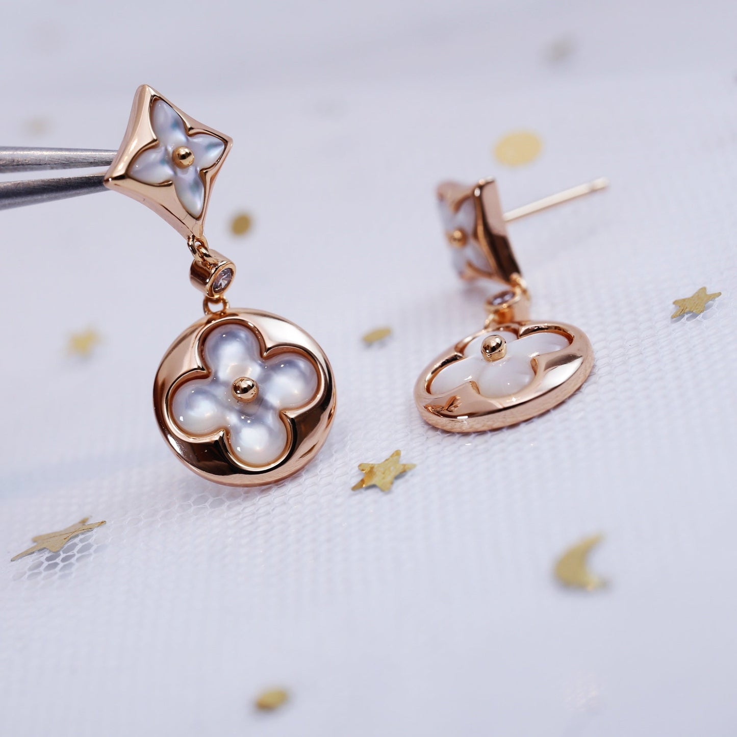 [ROYAL]STAR AND SUN PINK GOLD MOP DROP EARRINGS