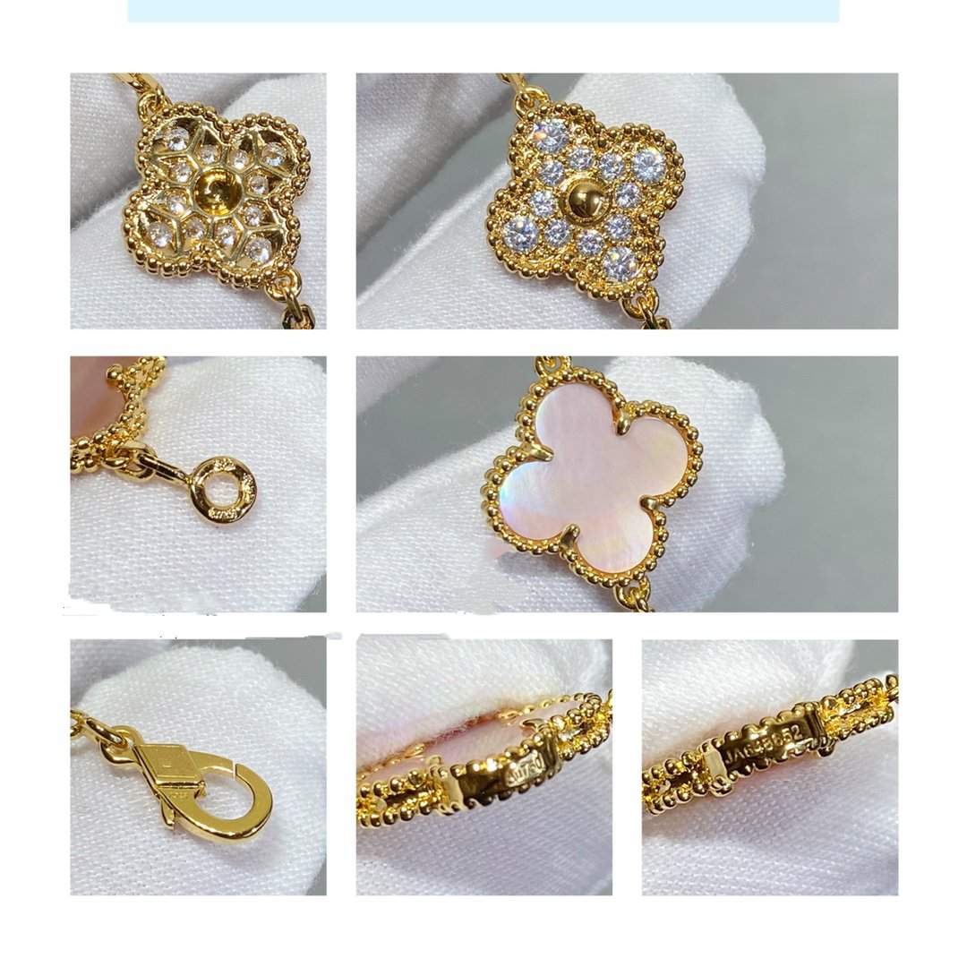 [ROYAL]CLOVER 5 MOTIF DIAMOND PINK MOP PINK GOLD BRACELET