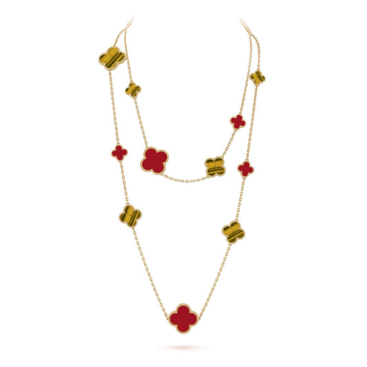 CLOVER 16 MOTIF CARNELIAN TIGER EYE ROSE GOLD NECKLACE