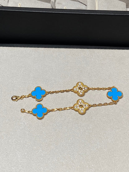 [Royal Jewellery]CLOVER 5 MOTIF BLUE CHALCEDONY DIAMOND GOLD BRACELET