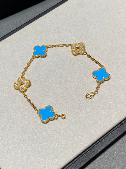 [Royal Jewellery]CLOVER 5 MOTIF BLUE CHALCEDONY DIAMOND GOLD BRACELET