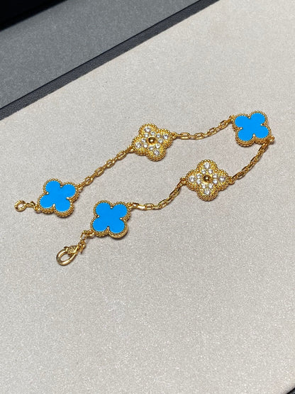 [Royal Jewellery]CLOVER 5 MOTIF BLUE CHALCEDONY DIAMOND GOLD BRACELET