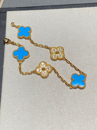 [Royal Jewellery]CLOVER 5 MOTIF BLUE CHALCEDONY DIAMOND GOLD BRACELET