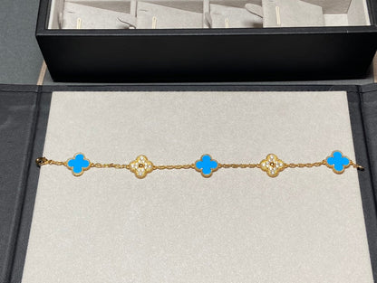 [Royal Jewellery]CLOVER 5 MOTIF BLUE CHALCEDONY DIAMOND GOLD BRACELET