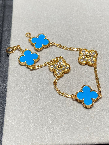 [Royal Jewellery]CLOVER 5 MOTIF BLUE CHALCEDONY DIAMOND GOLD BRACELET