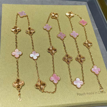 [Royal Jewellery]CLOVER 20 MOTIFS LASER PINK MOP NECKLACE