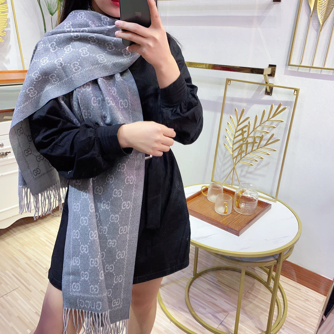 JACQUARD PATTERN KNIT SCARF 180 CM IN COOL GRAY WOOL 402421