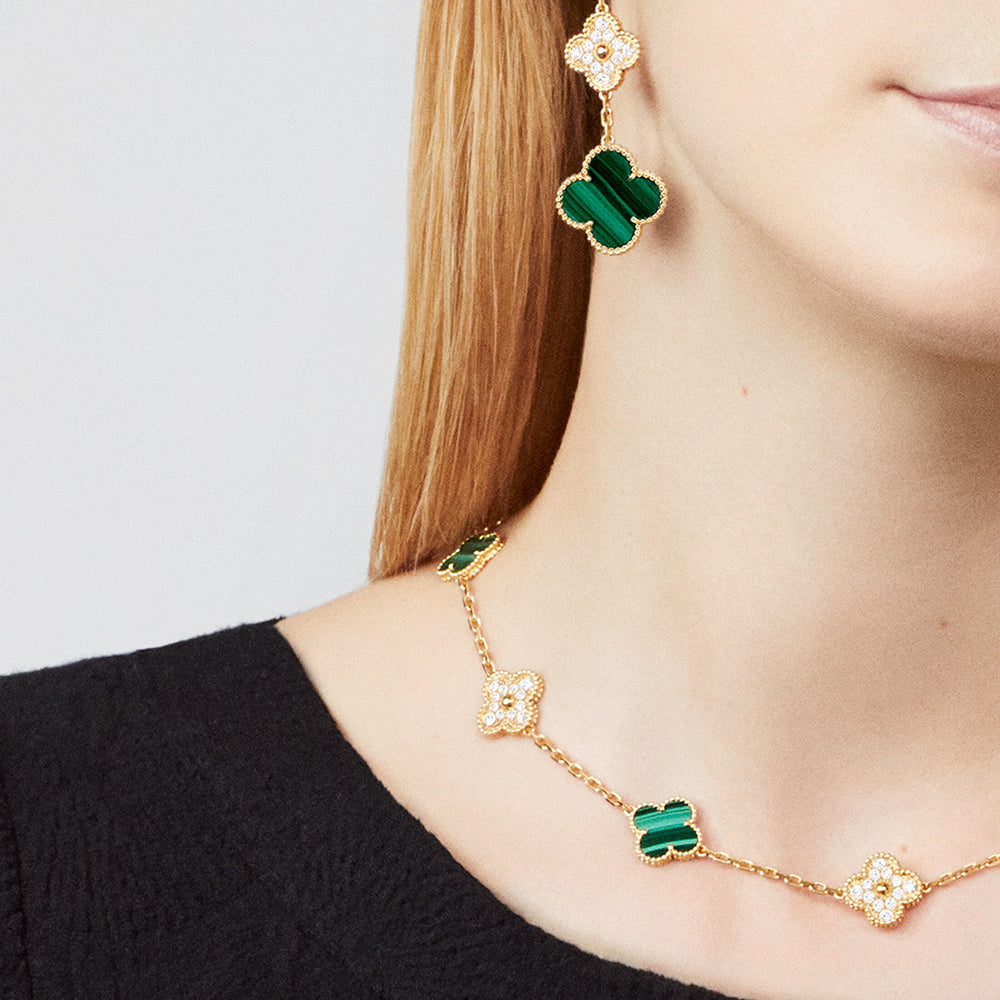 [Royal Jewellery]CLOVER 10 MOTIFS MALACHITE DIAMOND NECKLACE
