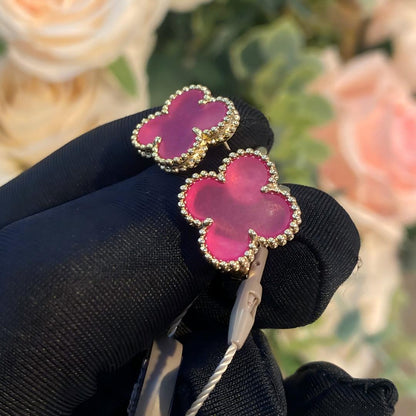 [Royal Jewellery]NEW CLOVER 15MM PINK ENAMEL STUD EARRINGS
