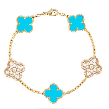 [ROYAL]CLOVER 5 MOTIF TURQUOISE DIAMOND GOLD BRACELET