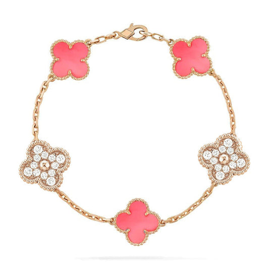 [ROYAL]CLOVER 5 MOTIF DIAMOND PINK MOP PINK GOLD BRACELET