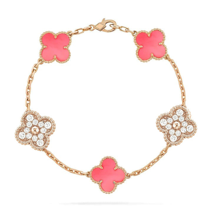 [Royal Jewellery]CLOVER 5 MOTIF DIAMOND PINK MOP PINK GOLD BRACELET
