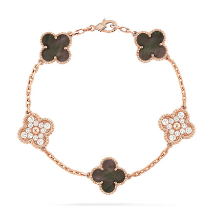 [ROYAL]CLOVER 5 MOTIFS DARK MOP UND DIAMANTEN ROSA GOLD ARMBAND 