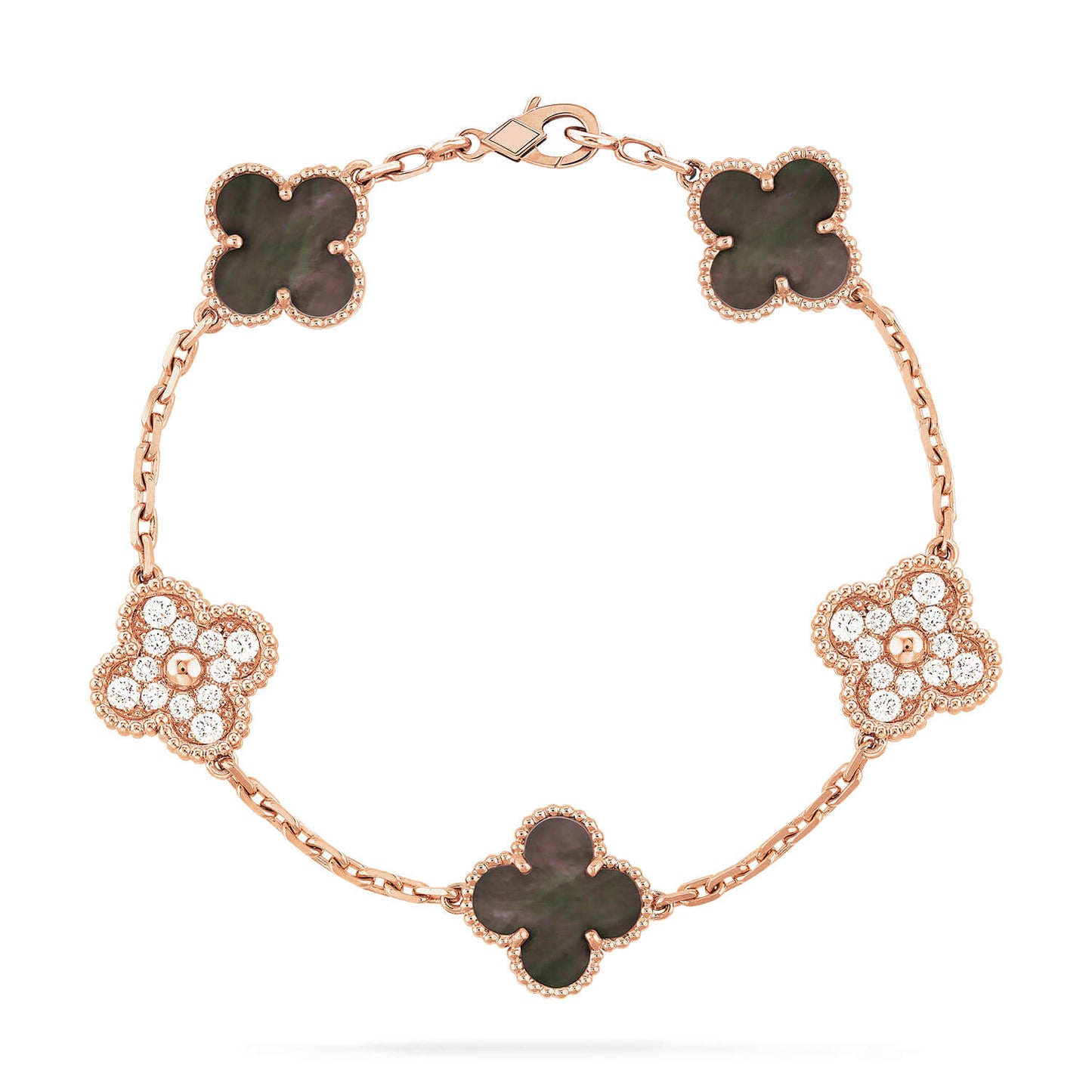 [Royal Jewellery]CLOVER 5 MOTIFS DARK MOP AND DIAMONDS PINK GOLD BRACELET