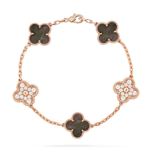 [Royal Jewellery]CLOVER 5 MOTIFS DARK MOP AND DIAMONDS PINK GOLD BRACELET