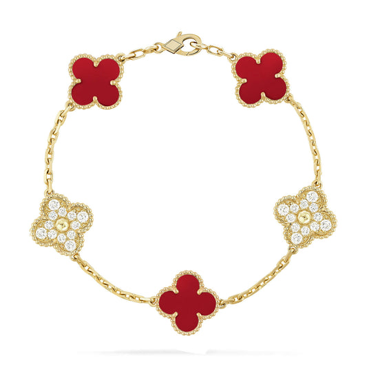 [Royal Jewellery]CLOVER 5 MOTIFS CARNELIAN DIAMOND BRACELET