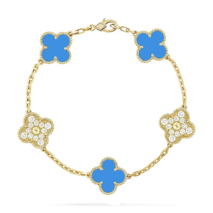 [Royal Jewellery]CLOVER 5 MOTIF BLUE CHALCEDONY DIAMOND GOLD BRACELET