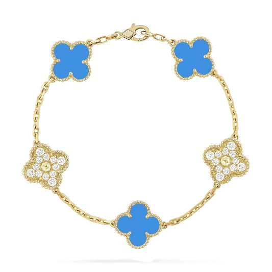 [Royal Jewellery]CLOVER 5 MOTIF BLUE CHALCEDONY DIAMOND GOLD BRACELET