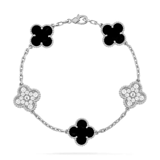 [Royal Jewellery]CLOVER 5 MOTIF ONYXS DIAMOND BRACELET SILVER