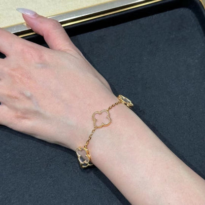 [Royal Jewellery]CLOVER 5 MOTIF ROCK CRYSTAL PINK GOLD BRACELET