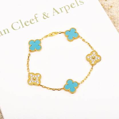 [Royal Jewellery]CLOVER 5 MOTIF TURQUOISE DIAMOND GOLD BRACELET