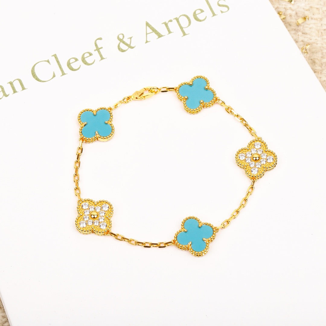 [ROYAL]CLOVER 5 MOTIF TURQUOISE DIAMOND GOLD BRACELET