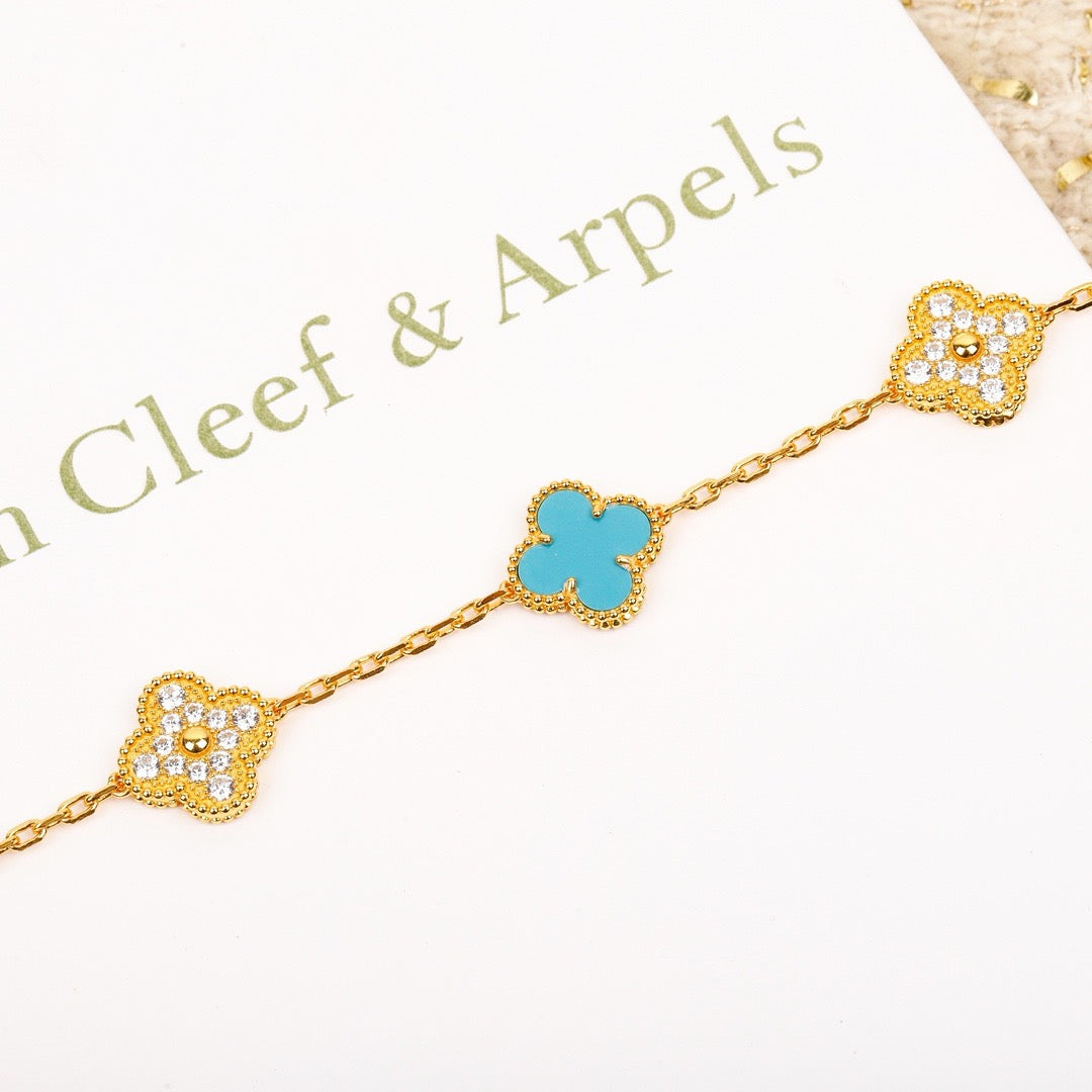 [Royal Jewellery]CLOVER 5 MOTIF TURQUOISE DIAMOND GOLD BRACELET
