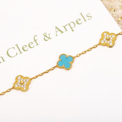 [Royal Jewellery]CLOVER 5 MOTIF TURQUOISE DIAMOND GOLD BRACELET