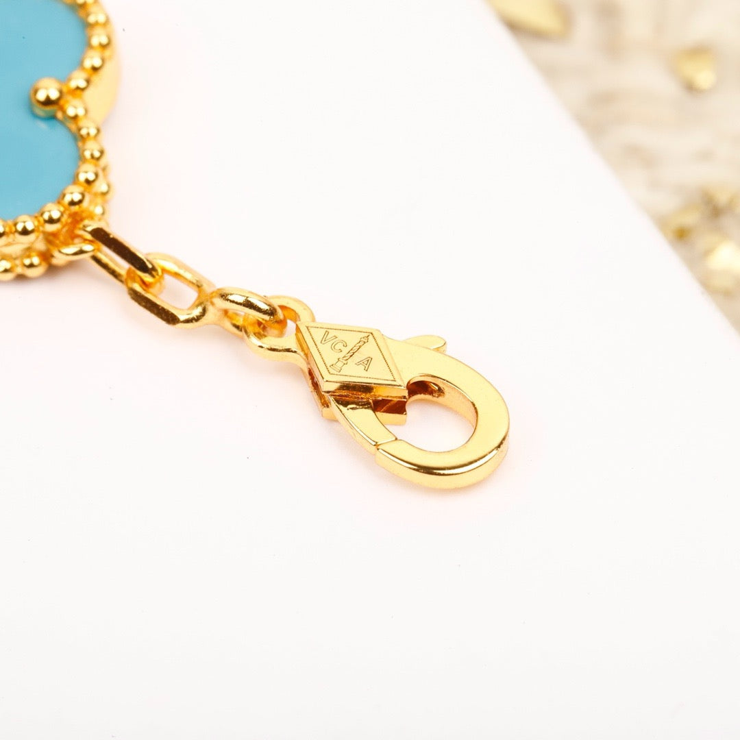 [Royal Jewellery]CLOVER 5 MOTIF TURQUOISE DIAMOND GOLD BRACELET