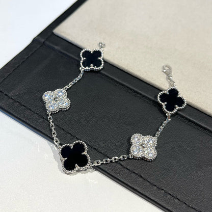 [Royal Jewellery]CLOVER 5 MOTIF ONYXS DIAMOND BRACELET SILVER