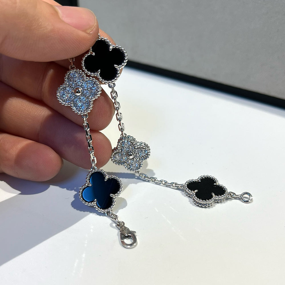 [Royal Jewellery]CLOVER 5 MOTIF ONYXS DIAMOND BRACELET SILVER