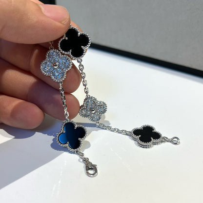 [Royal Jewellery]CLOVER 5 MOTIF ONYXS DIAMOND BRACELET SILVER