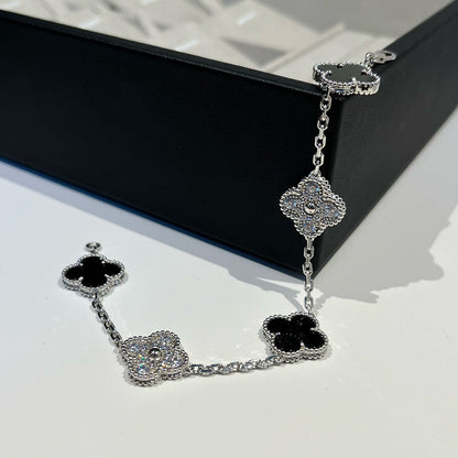 [Royal Jewellery]CLOVER 5 MOTIF ONYXS DIAMOND BRACELET SILVER